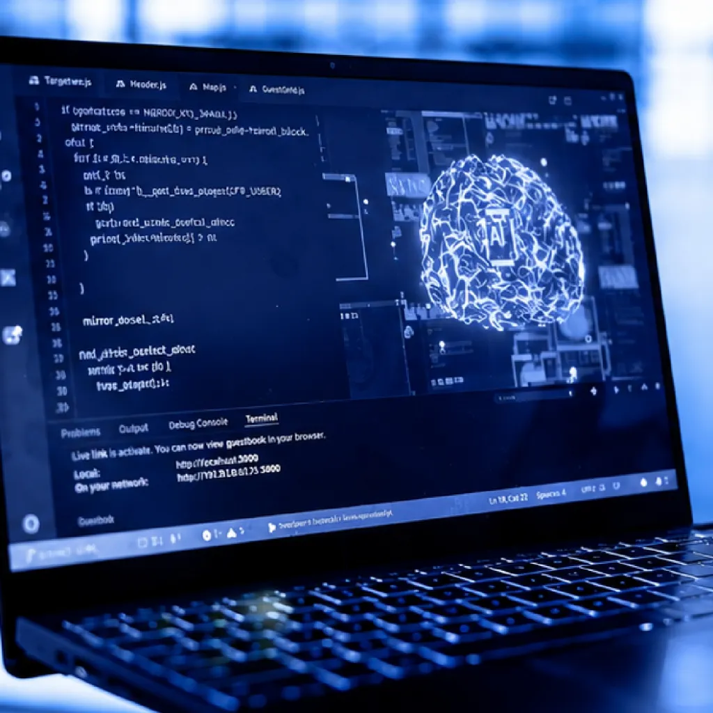 Schermo di laptop con codice e rappresentazione visiva di un cervello digitale, a simboleggiare lo sviluppo di soluzioni di intelligenza artificiale custom