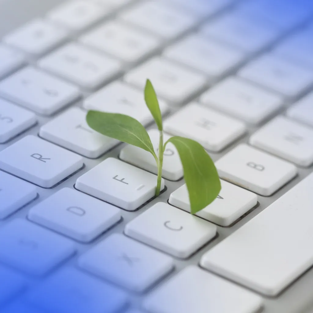 Pianta verde che cresce tra i tasti di una tastiera, simbolo di sostenibilità digitale e green marketing