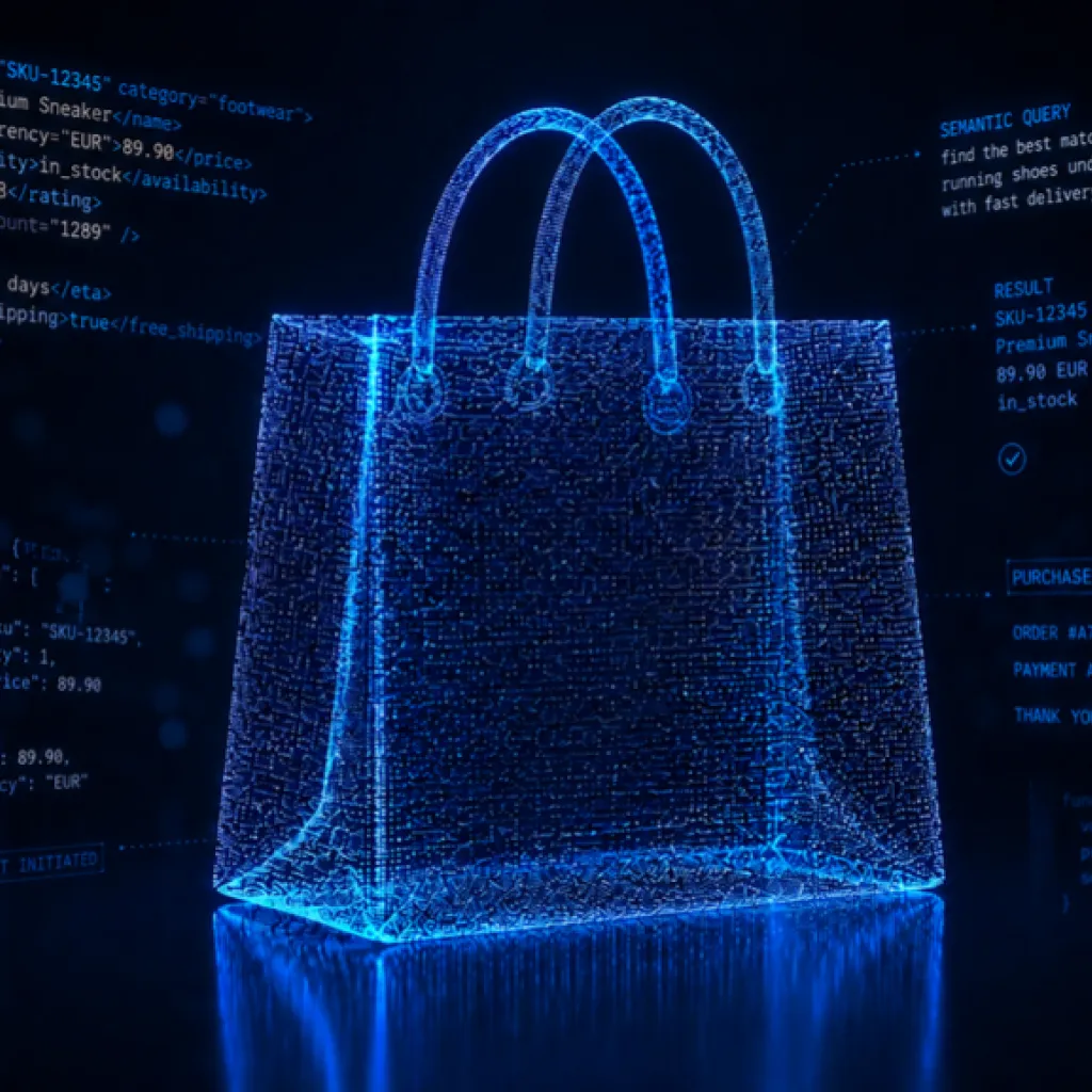 Schema concettuale: un agente di intelligenza artificiale che interroga il codice semantico di un e‑commerce per completare un acquisto.