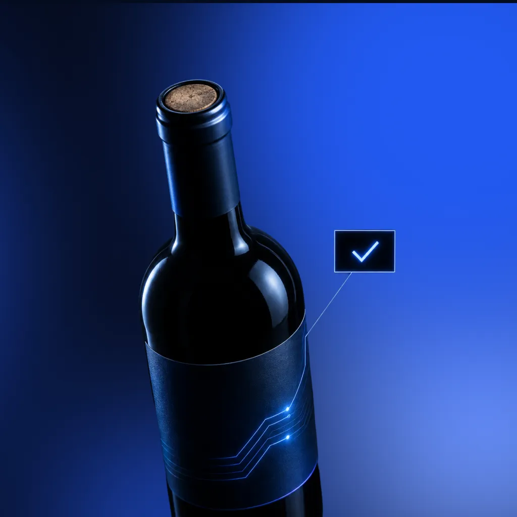 Bottiglia di vino con etichetta corretta in vetro blu e circuiti luminosi, simbolo del software di gestione e validazione etichette Blue Milk