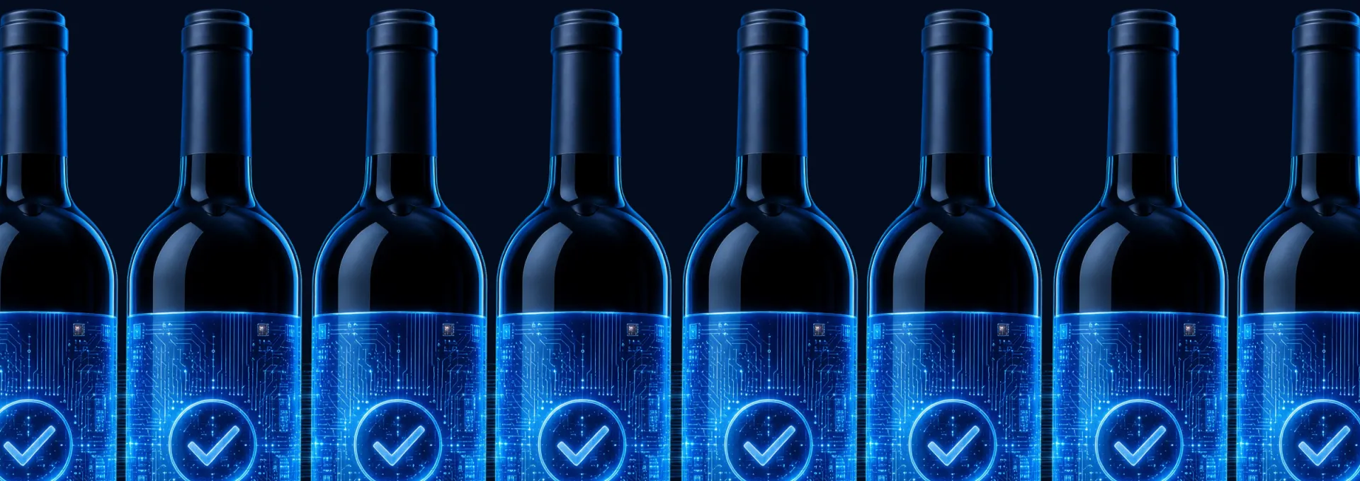 Bottiglie di vino con etichetta corretta in vetro blu e circuiti luminosi, simbolo del software di gestione e validazione etichette Blue Milk