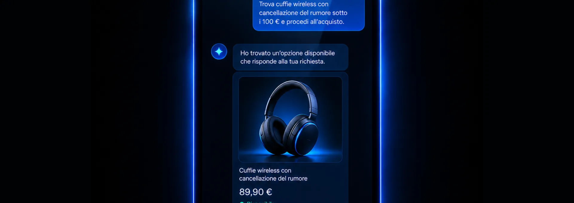Illustrazione del checkout conversazionale: un utente acquista un prodotto direttamente nella chat di un assistente AI, senza visitare il sito e‑commerce.